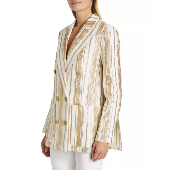7 For All Mankind Women’s Shine Gold Cream Striped Double Breasted Blazer L - Picture 3 of 16